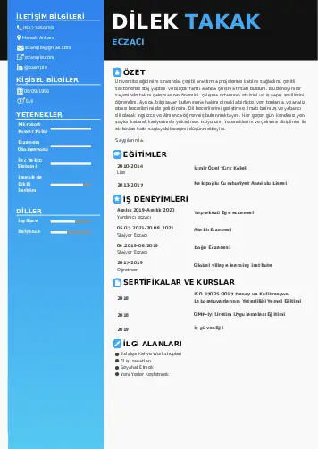 Eczacı CV Örnekleri cv indir